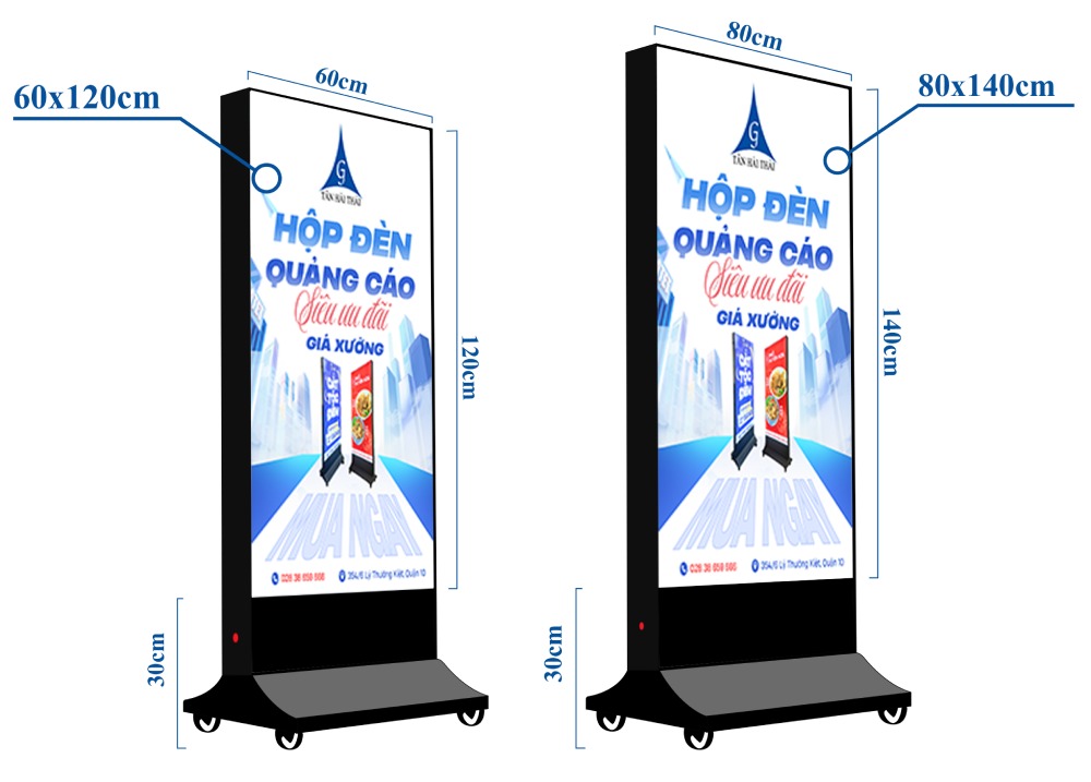 Hộp đèn không viền nhét ron hai mặt chân đứng kích thước 60*120cm